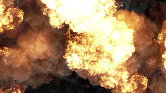 Impressive intense explosion on a black background. Dynamic composition of a detonating bright colorful explosion, shock wave and puffs of smoke filling the space
