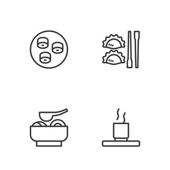Set line Cup of tea, Ramen soup bowl, Sushi and Dumpling with chopsticks icon. Vector