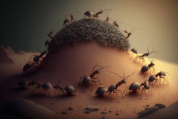  a group of ants standing on top of a desert covered in dirt and dirt dust, with the sun shining on them, and the ground.  generative ai