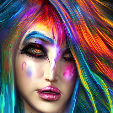 Traumhafte, cosmische Darstellung eines Frauenkopfes. Psychedelisches Konzept. created with hyperrealistic generative AI technology
