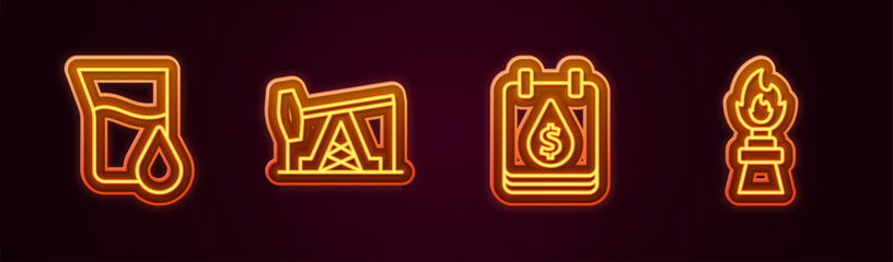 Set line Oil petrol test tube, pump or pump jack, drop with dollar symbol and rig fire. Glowing neon icon. Vector