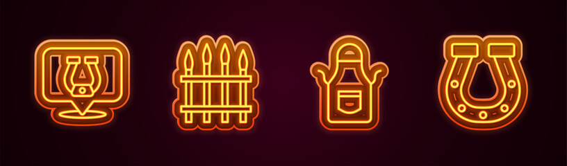 Set line Horseshoe, Classic iron fence, Blacksmith apron and . Glowing neon icon. Vector