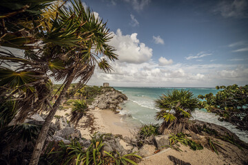 Fototapeta na wymiar tulum beach with trees and mayan ruins