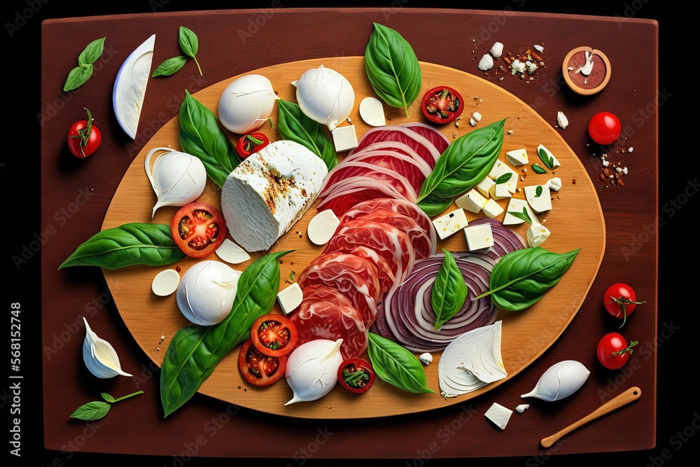 Sticker  a plate of meat and vegetables on a wooden table with tomatoes, onions, cheese, basil, and garlic on the plate is a knife.  generative ai