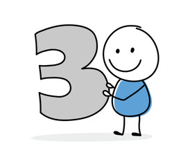 Funny concept with a stickman holding number three icon. Cartoon style design for a business presentation. Vector illustration