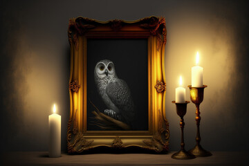 Empty frame next to candles and a memento of an owl. Generative AI