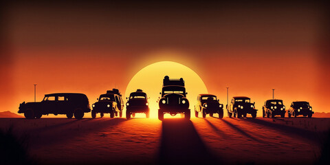Fototapeta na wymiar A line of vintage vehicles silhouetted against the horizon . Vector illustration.