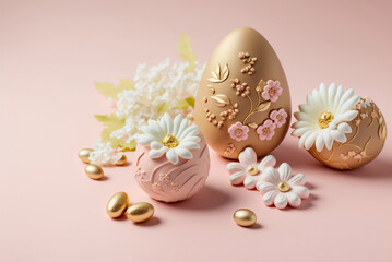Golden easter eggs and flowers banner on pastel pink background, photo realistic Generative AI illustration