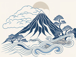 an old mountain illustration mixed with a mosaic style, japanese oneline, generative ai technology