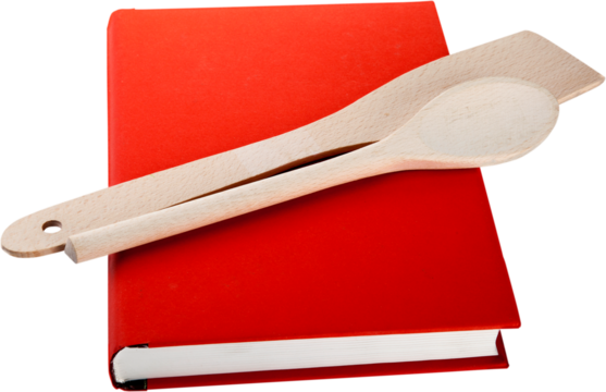 Set of modern wooden kitchen utensils on red background