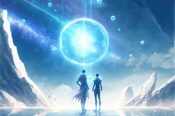 a sci fi anime illustration in blue and white, a couple standing in front of a blue star, generative ai technology