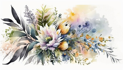 Bouquet Of Flowers on White Background, A Vibrant Watercolor Floral Illustration, A Bouquet of colorfull painting of Leaves and a flowers, Generative AI