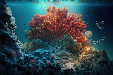 Naklejka na ściany i meble an underwater scene of corals and sea anemones on a coral reef in the blue water of the ocean with sunlight coming through the water. generative ai