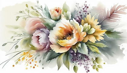 Obraz na płótnie Canvas Bouquet Of Flowers on White Background, A Vibrant Watercolor Floral Illustration, A Bouquet of colorfull painting of Leaves and a flowers, Generative AI