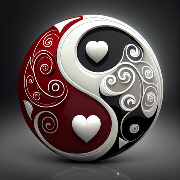 ying and yang with hearts, black, white and red, for valentine's day