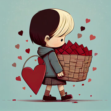 Child carrying basket of valentines for valentine's day