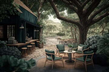 Fototapeta na wymiar a painting of a patio with a table and chairs under a tree with a view of a path through the trees to a bar and a restaurant. generative ai