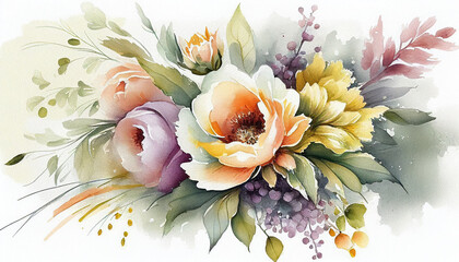  Bouquet Of Flowers on White Background, A Vibrant Watercolor Floral Illustration, A Bouquet of colorfull painting of Leaves and a flowers, Generative AI