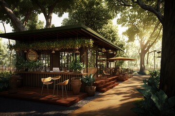 Fototapeta na wymiar a rendering of a small bar in the middle of a park with a lot of trees and plants on the side of the building and a sidewalk. generative ai