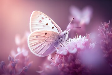 Naklejka premium Preciosa Mariposa Rosa sobre Flores Blancas y un fondo desenfocado - Generative AI