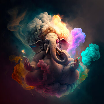 Abstract Portrait of Ganesh the Hindu Deity / God in colourful rainbow nebula of cosmic clouds and smoke. Illumination, liberation through meditation yoga for spiritual awakening - ai illustration