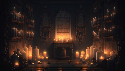  a dark room with many lit candles and a window in the corner of the room with a clock on the wall and a fireplace in the corner of the room.  generative ai