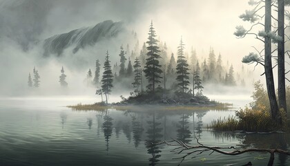  a painting of a foggy lake with a small island in the middle of the water and trees on the shore of the lake,.  generative ai