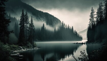  a lake surrounded by trees and fog in a forest with a mountain in the background and a forest filled with pine trees and fog in the foreground.  generative ai