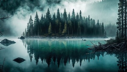  a lake surrounded by trees in the middle of a forest filled with fog and foggy clouds in the distance is a forest filled with pine trees and fog. generative ai