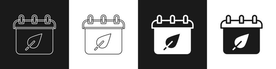 Set Calendar with autumn leaves icon isolated on black and white background. Vector
