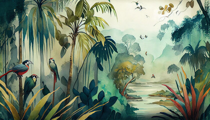 A Vibrant Watercolor Jungle Illustration, A Colorfull painting of Birds, trees, Leaves and a flowers, river, Generative AI