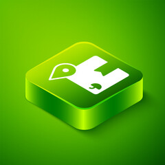 Isometric Location with cardboard box icon isolated on green background. Delivery services, logistic and transportation, distribution. Green square button. Vector