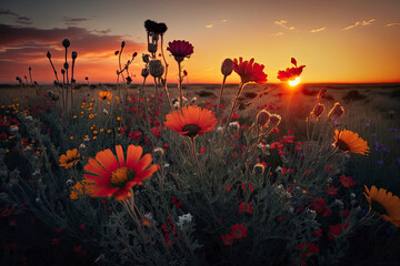 A field of wildflowers in the sunset, generative ai