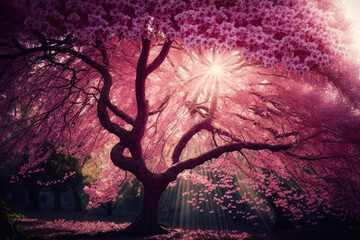 Fototapeta na wymiar A pink cherry blossom tree with sunlight filtering through its branches, generative ai