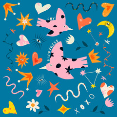 Decorative abstract illustration with colorful doodles. Hand-drawn modern illustrations with birds, hearts, snakes, stars
