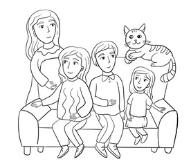Hand drawn outline vector image with family and friends sitting on the coach, cute illustration for children daily plan