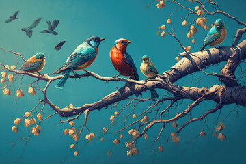 Birds perched on a tree branch with a blue sky background, generative ai