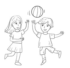 Hand drawn outline vector set with cartoon children playing ball, cute children illustration 