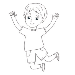 Happy jumping boy illustration. Vector outline image isolated on white background