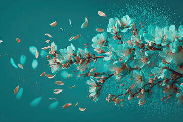 Fototapeta na wymiar Cherry blossom petals falling in slow motion on turquoise blue, generative ai