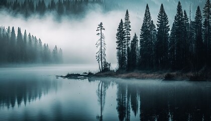  a lake surrounded by trees in the middle of a forest covered in fog and foggy clouds, with a small island in the middle of the water.  generative ai