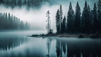 Keuken foto achterwand Mistig bos  a lake surrounded by trees in the middle of a forest covered in fog and foggy clouds, with a small island in the middle of the water.  generative ai