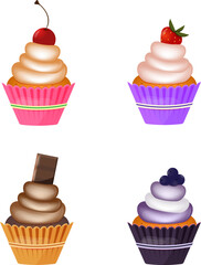 Set of cupcakes. Four diffenert cupcakes with cream