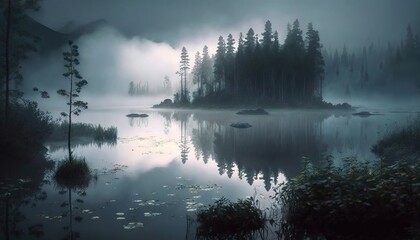 Fototapeta na wymiar a foggy lake with a small island in the middle of the water and trees in the distance, with a few boats floating on the water. generative ai