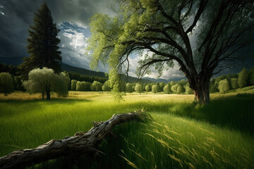 Fototapeta na wymiar Dramatic meadow with lush green grass and towering trees, generative ai