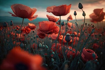  a field full of red flowers under a cloudy sky with a blue sky in the background and clouds in the sky above it, and a blue sky with a few white clouds.  generative ai