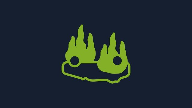Yellow Burning car icon isolated on blue background. Car on fire. Broken auto covered with fire and smoke. 4K Video motion graphic animation