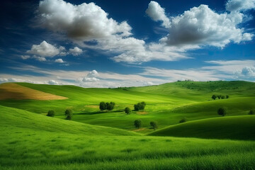 Fototapeta na wymiar Green rolling hills with white clouds in blue sky background, generative ai