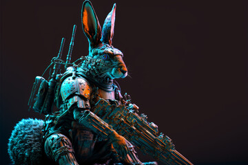 A cyberpunk battle bunny with a weapon created with Generative AI technology