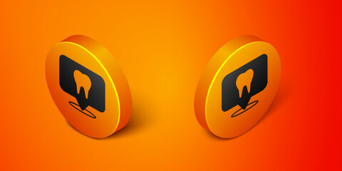 Isometric Dental clinic location icon isolated on orange background. Orange circle button. Vector